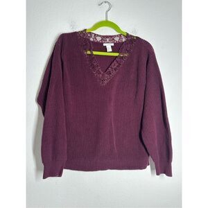 H&M Women’s Burgundy Cotton Knit Sweater Lace Trim Vneck Size XS Oversized
